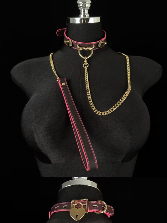EVERGLIMP — Triple Leather Strap Heart Temperature-Sensitive Choker Set with Leash (Black to Red, Gold)