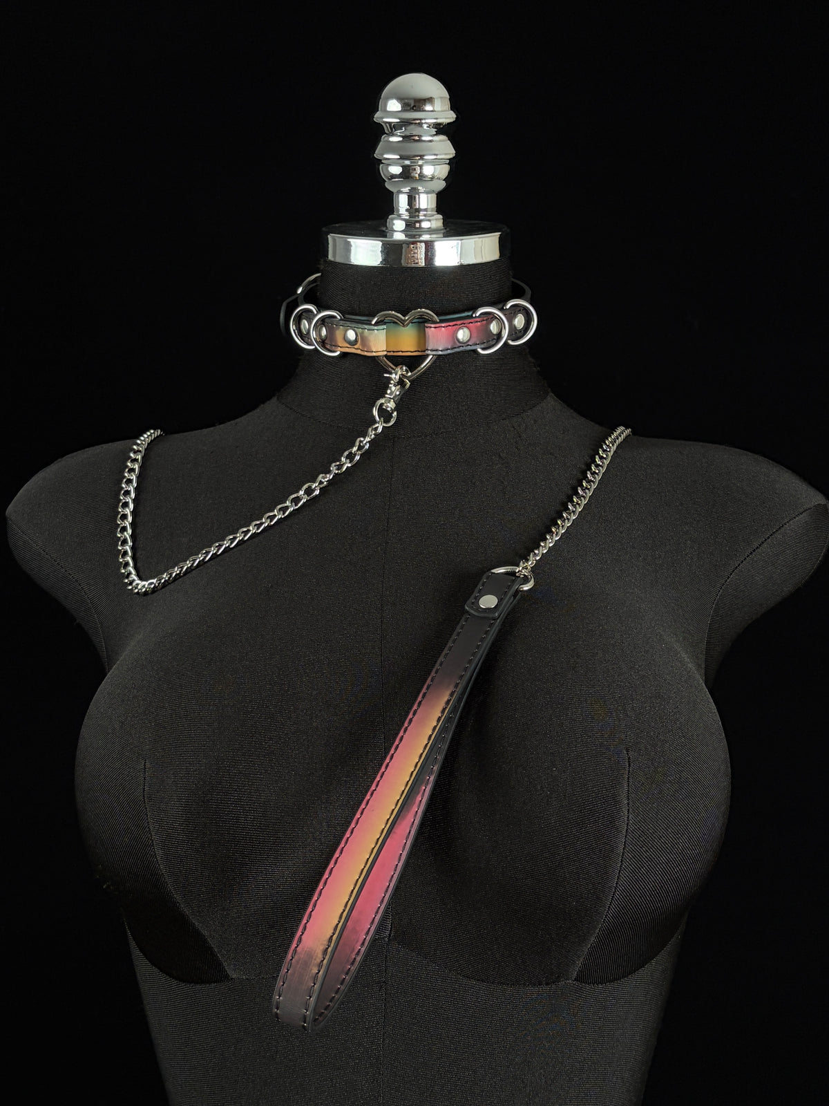 EVERGLIMP — Silver Heart Color-Changing Leather Choker Set -Black to Rainbow