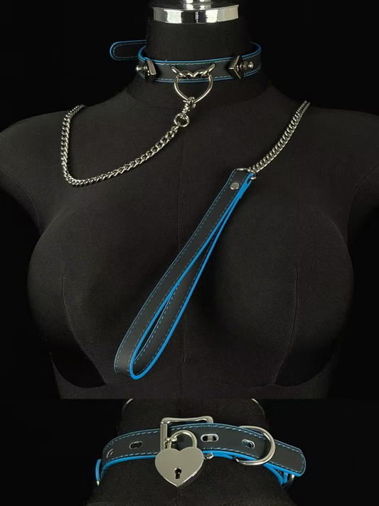 EVERGLIMP — Silver Heart Color-Changing Choker Set with Leash (Black to Blue, Silver Clasp)