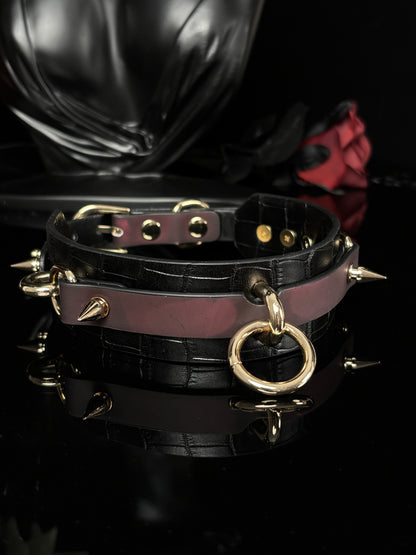 EVERGLIMP — Thermochromic Studded O-Ring Choker- Crocodile Leather- Black to Red