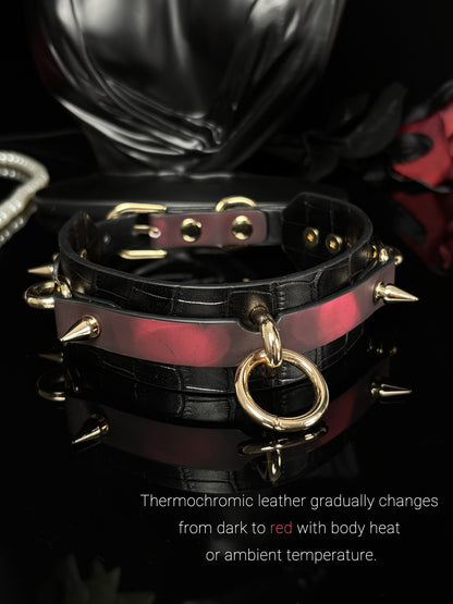 EVERGLIMP — Thermochromic Studded O-Ring Choker- Crocodile Leather- Black to Red