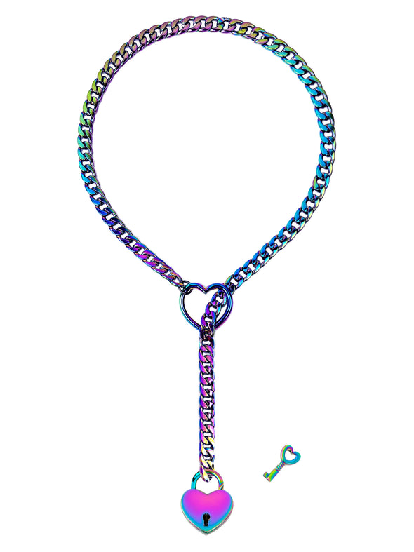 Rainbow Slip Chain Necklace Heart Locker With Key