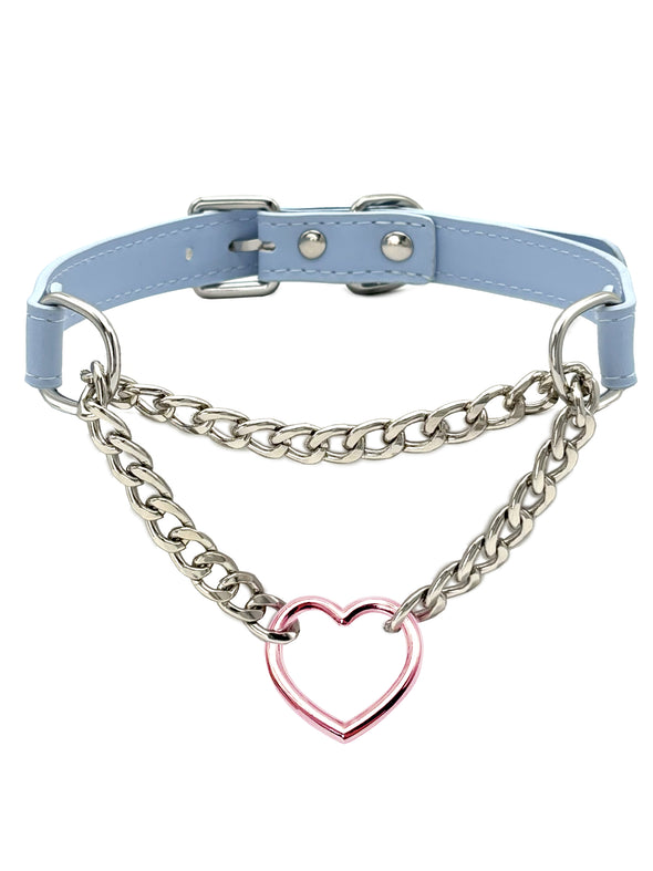 Heart O-Ring Blue Pu Leather Choker Necklace For Women