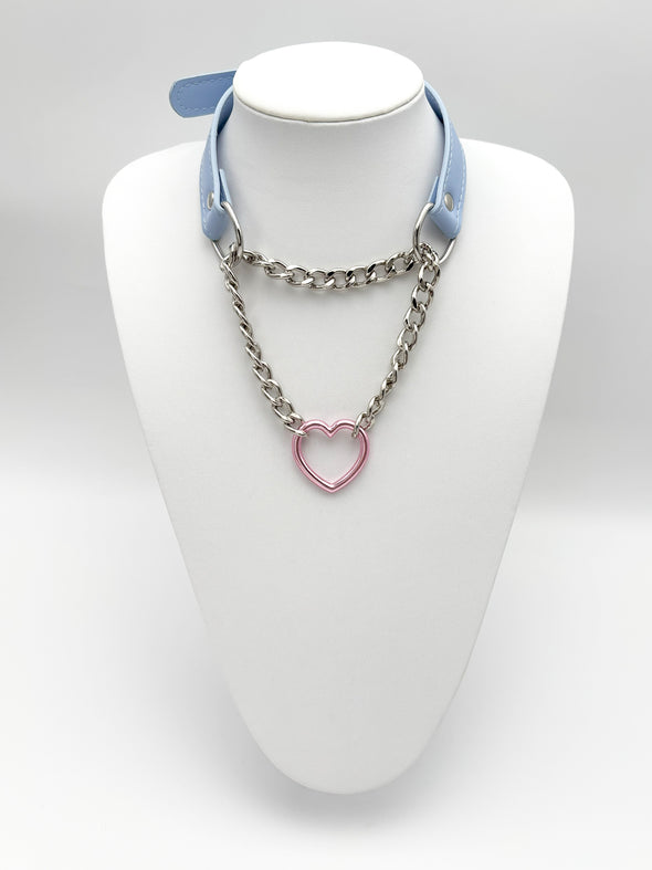 Heart O-Ring Blue Pu Leather Choker Necklace For Women