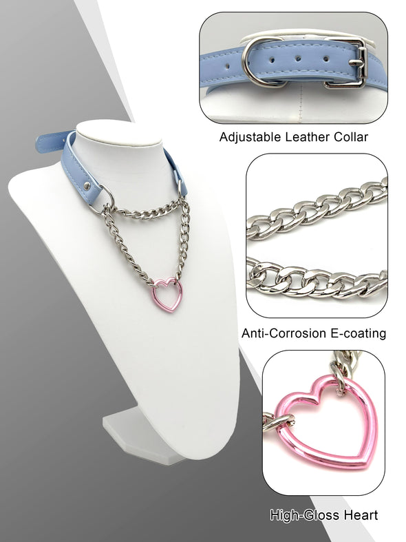 Heart O-Ring Blue Pu Leather Choker Necklace For Women
