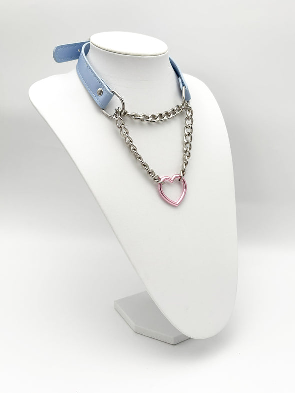 Heart O-Ring Blue Pu Leather Choker Necklace For Women
