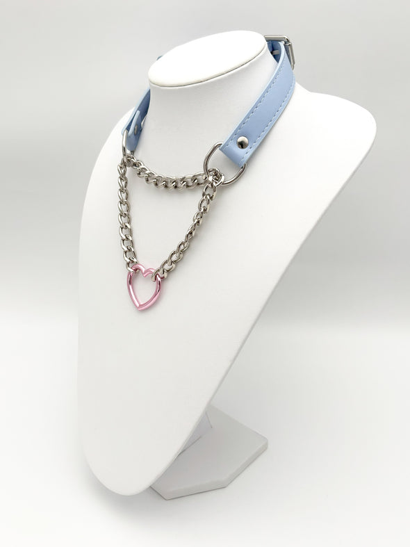 Heart O-Ring Blue Pu Leather Choker Necklace For Women