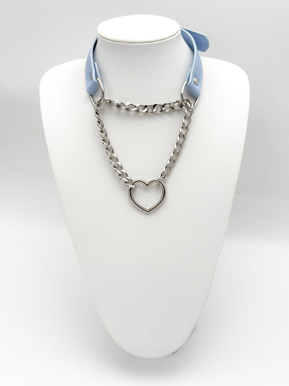 Heart O-Ring Blue Pu Leather Choker Necklace For Women