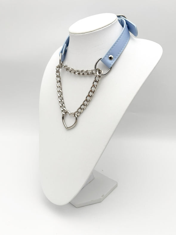 Heart O-Ring Blue Pu Leather Choker Necklace For Women