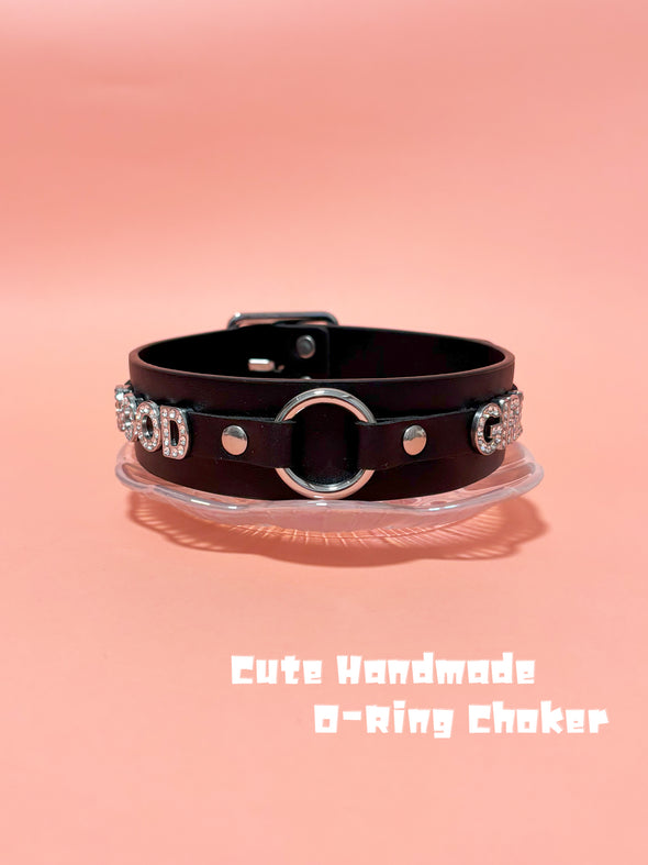 Classic Black & Pink O-Ring Pu Leather Choker Necklace For Women