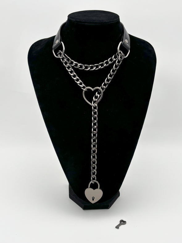 Handmade Black Choker Collar Necklace For Women, Punk Gothic Heart Slip Chain Long Necklace, Adjustable Buckle And Heart Padlock With Key