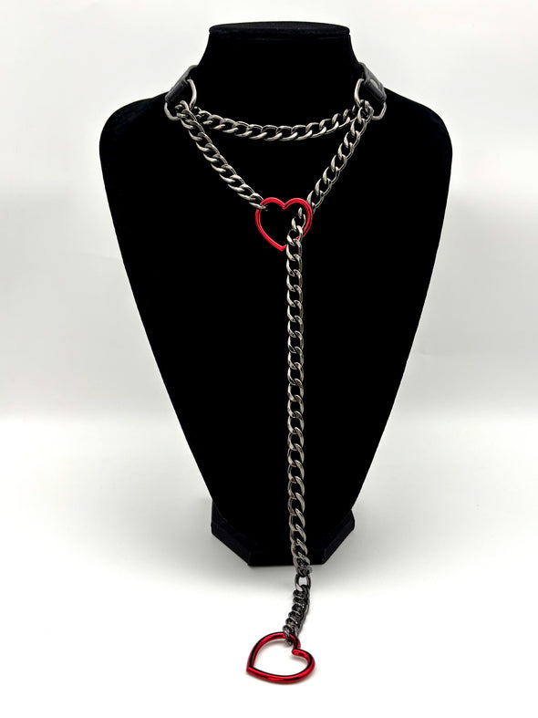 Black Leather Choker Collar For Women, Handmade Heart Slip Chain Choker Long Necklace with Adjustable Buckle