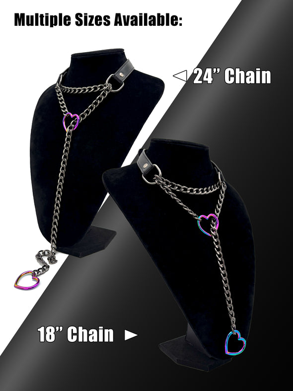 Black Leather Choker Collar For Women, Handmade Heart Slip Chain Choker Long Necklace with Adjustable Buckle