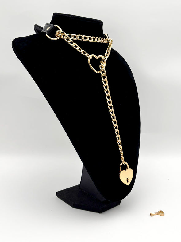 Handmade Black Choker Collar Necklace For Women, Punk Gothic Heart Slip Chain Long Necklace, Adjustable Buckle And Heart Padlock With Key