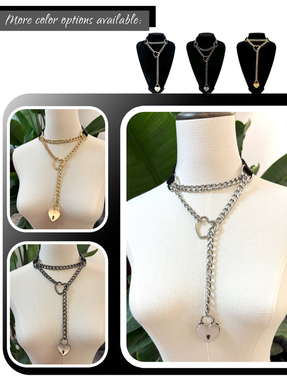 Handmade Black Choker Collar Necklace For Women, Punk Gothic Heart Slip Chain Long Necklace, Adjustable Buckle And Heart Padlock With Key