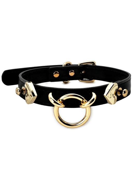 Handmade Leather O-Ring Choker Necklace for Women - Adjustable Punk Gothic Gothic Jewelry  with Gold-Tone Accents