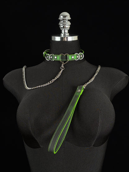 EVERGLIMP — Silver Heart Color-Changing Leather Choker Set -Black to Green