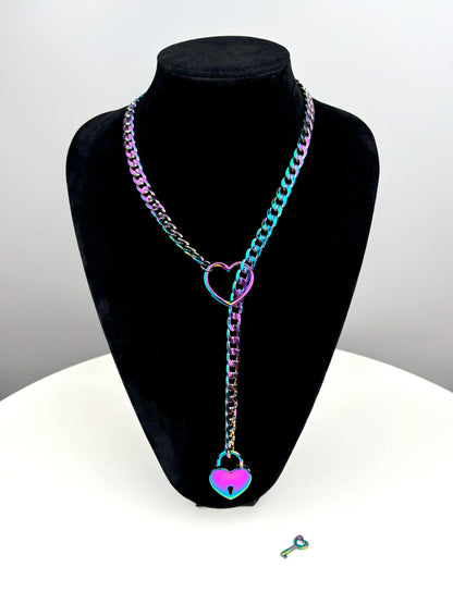 Rainbow Slip Chain Necklace Heart Locker With Key