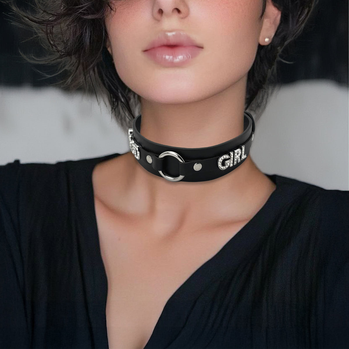 Classic Black & Pink O-Ring Pu Gothic Jewelry  Choker Necklace For Women