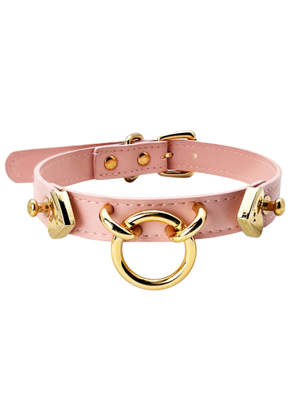 Handmade Leather O-Ring Choker Necklace for Women - Adjustable Punk Gothic Gothic Jewelry  with Gold-Tone Accents